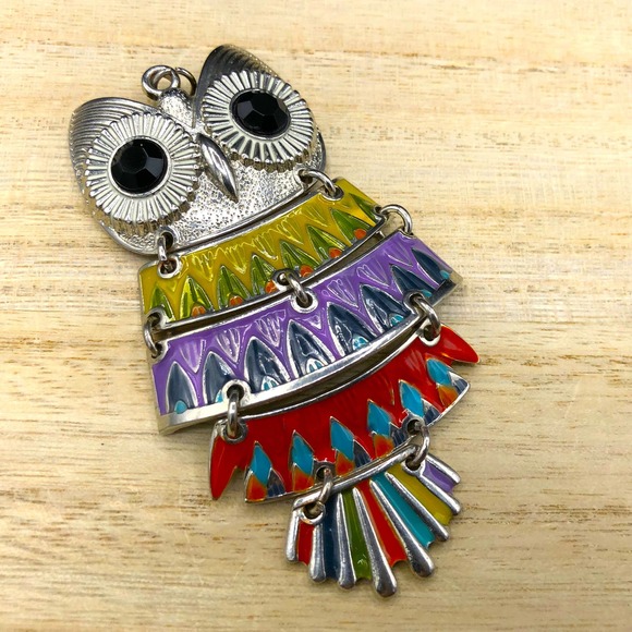 Vtg Articulated Multicolor Owl Pendant Enameled 3.5" Aztec Style w/ Crystal Eyes - Picture 2 of 7